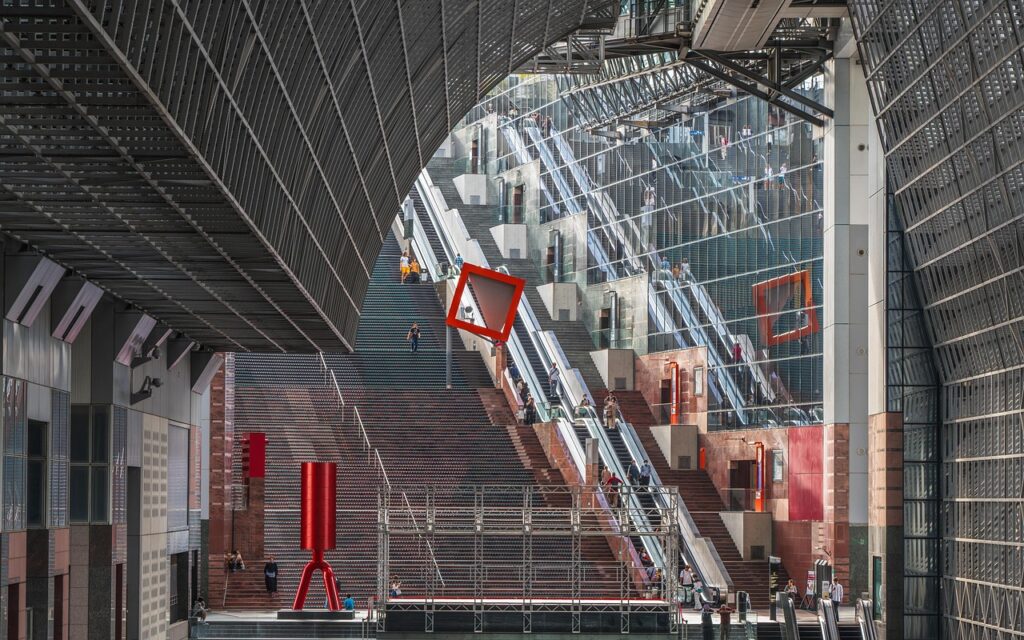shopping mall, kyoto, japan, kyoto station, interior design, modern, architecture, building, structure, design, perspective, stairs, escalators, shopping center
