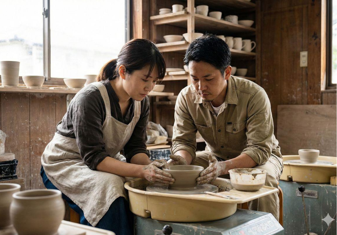 Couple découvrant un savoir-faire artisanal japonais